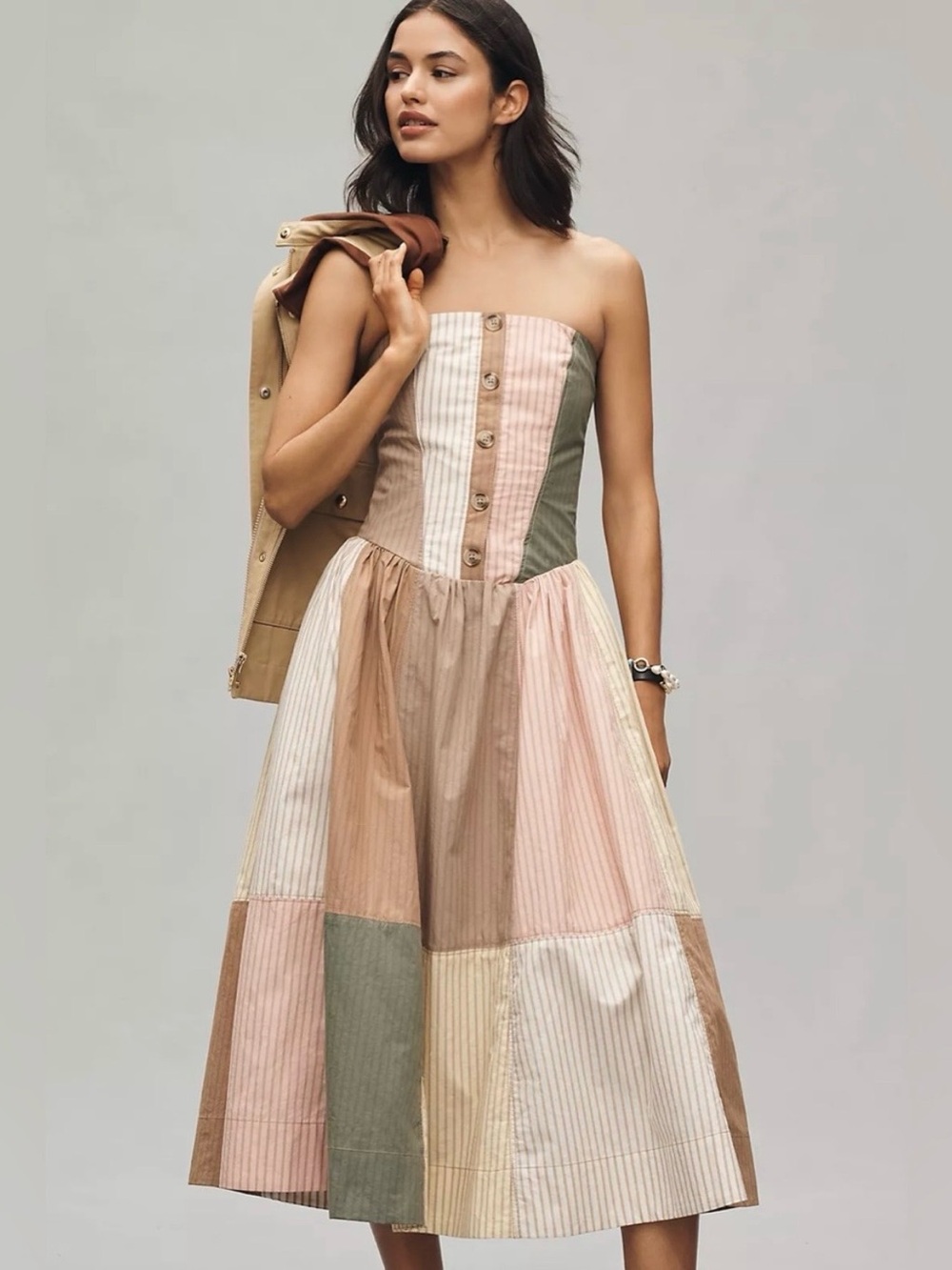 Anthropologie Strapless Patchwork Midi Dress in Blush, Olive & Beige